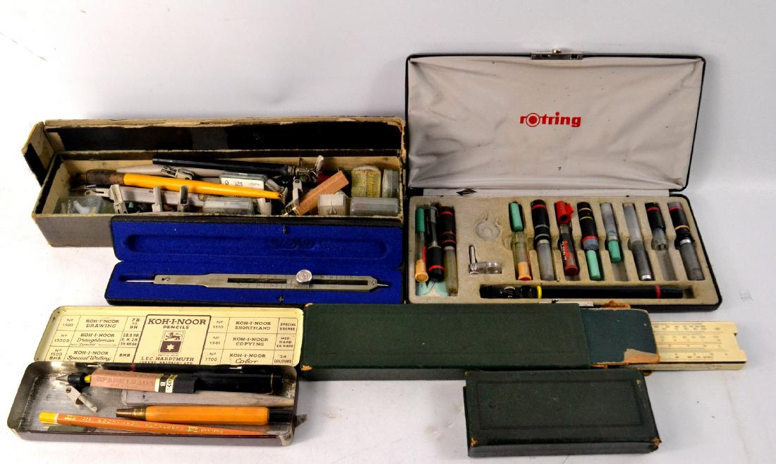 Variety of 5 cases of technical drawing instruments (1 of 2)