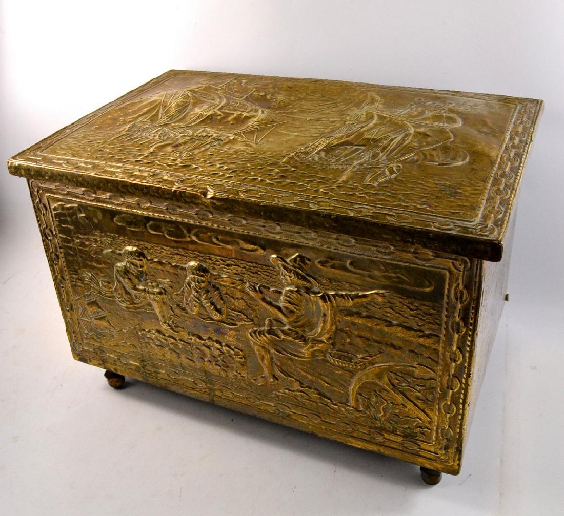 Brass log box decorated with nautical scenes: Brass log box decorated with nautical scenes