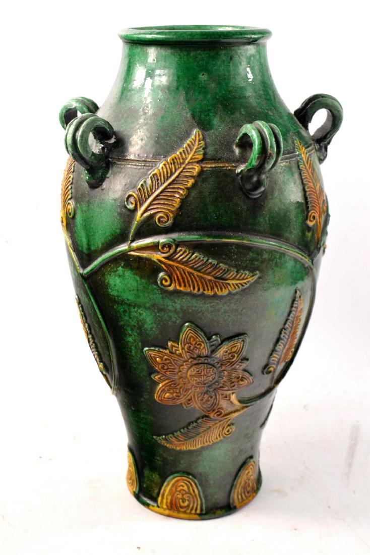 Large vintage decorative vase, green with yellow: Large vintage decorative vase, green with yellow sunflower style flowers. H: 45cm approx