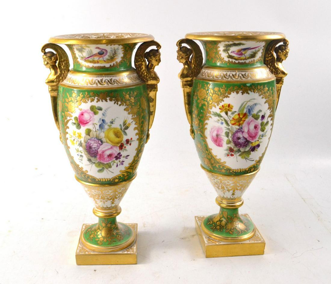 RARE 2 MINTON porcelaine style vases with panels: RARE 2 MINTON porcelaine style vases with panels depicting bird and flower scenes D: 12 cm approx H: 28cm approx Approx 2 pieces
