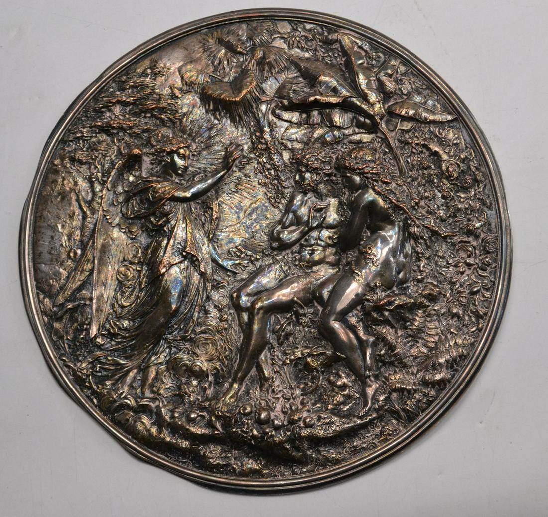 STUNNING and RARE antique silver plated plaque by: STUNNING and RARE antique silver plated plaque by ELKINGTON & Co with elaborate repousse work depicting Adam & Eve and a winged angel