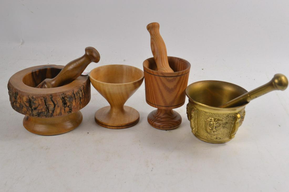 3 various mortar and pestle sets and wooden cup: 3 various mortar and pestle sets and wooden cup