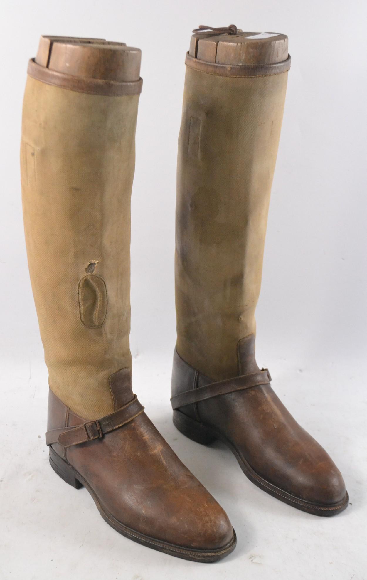 C1930's vintage brown leather and canvas gents horse: C1930's vintage brown leather and canvas gents horse riding boots with long wooden trees size 11 approx Approx 2 pieces