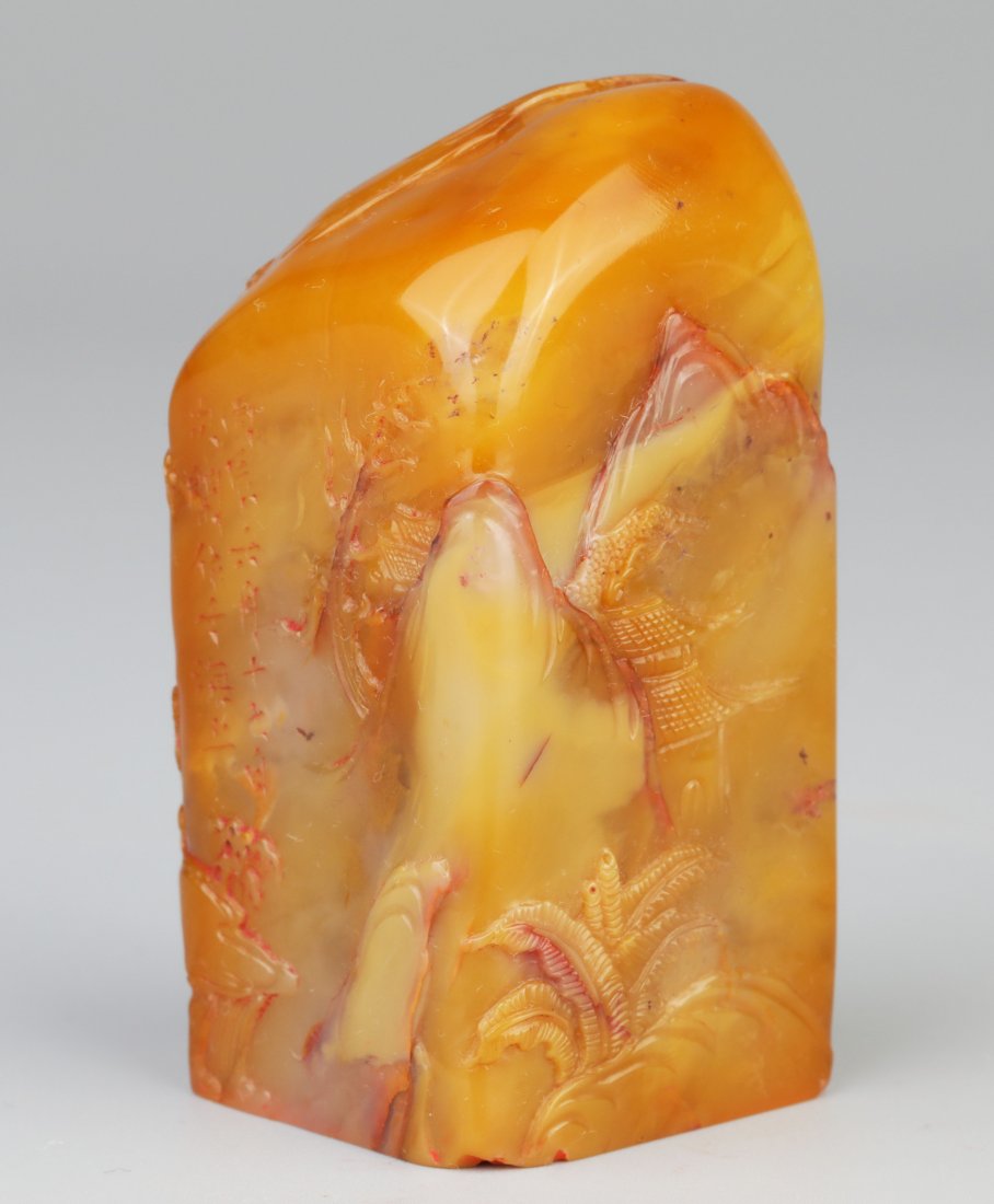 Qing Dynasty TianHuang Stamp: TianHuang stone with hand craft mountain and tree pattern on the stamp; Height: 6.8cm (2.7inch); Weight: 175g;