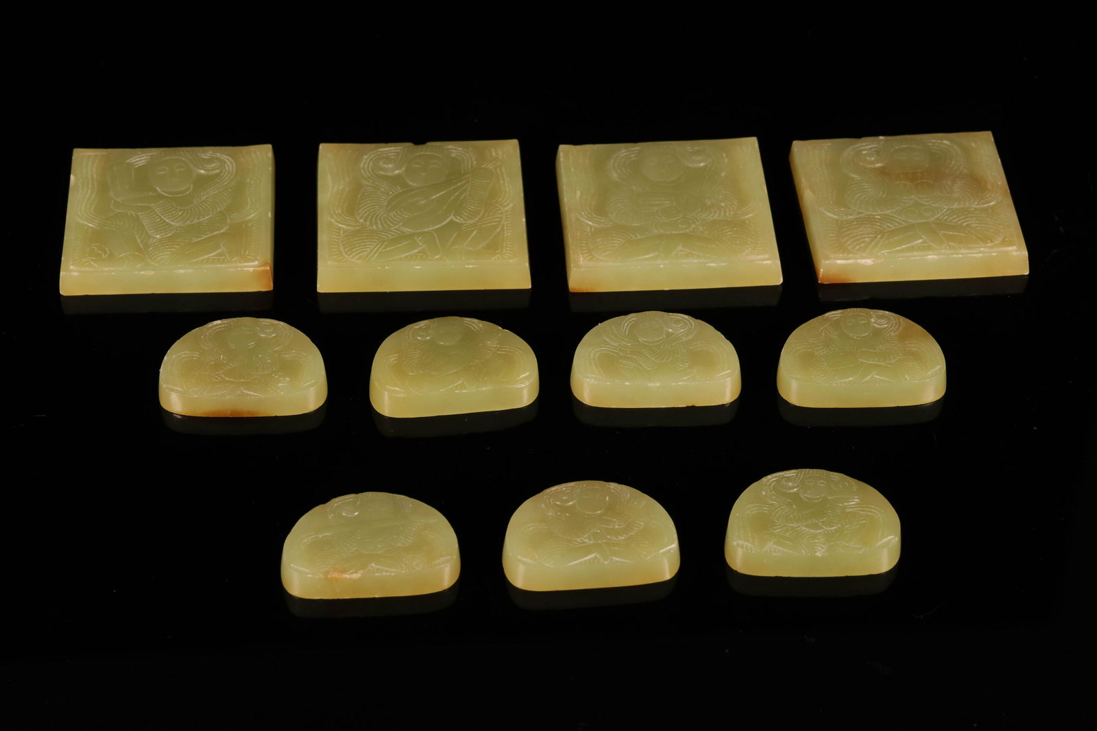 A SET OF 11 ANTIQUE JADE ITEMS: A SET OF 11 ANTIQUE JADE ITEMS; L:4.5cm W:4.5cm