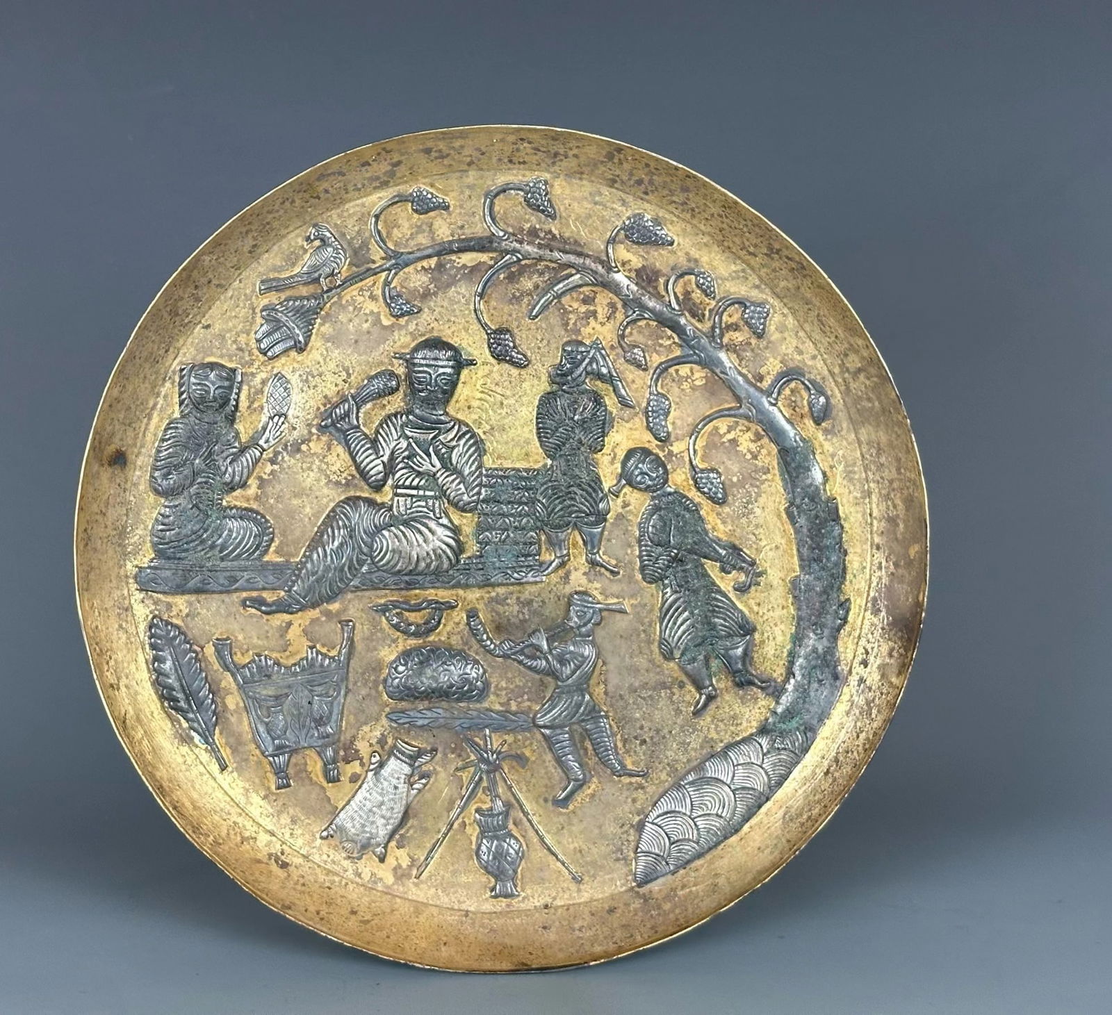 Tang Dynasty silver gilded Persian character plate (1 of 4)
