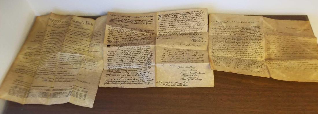 Three historical document reproductions: To include the Bill of Rights, Been Franklins's Petition for the abolition of slavery, Robert Lee's letter to Jefferson Davis, and Robert Lee's farewell address to the Confederate army. All printed on