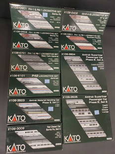 Large lot of Kato Railroad train set models: All appearing in excellent condition within original packaging. Numerous old price tags present, ranging from $39.98-$196.00. The largest box 7.75" x 7". See photos for individual model numbers.