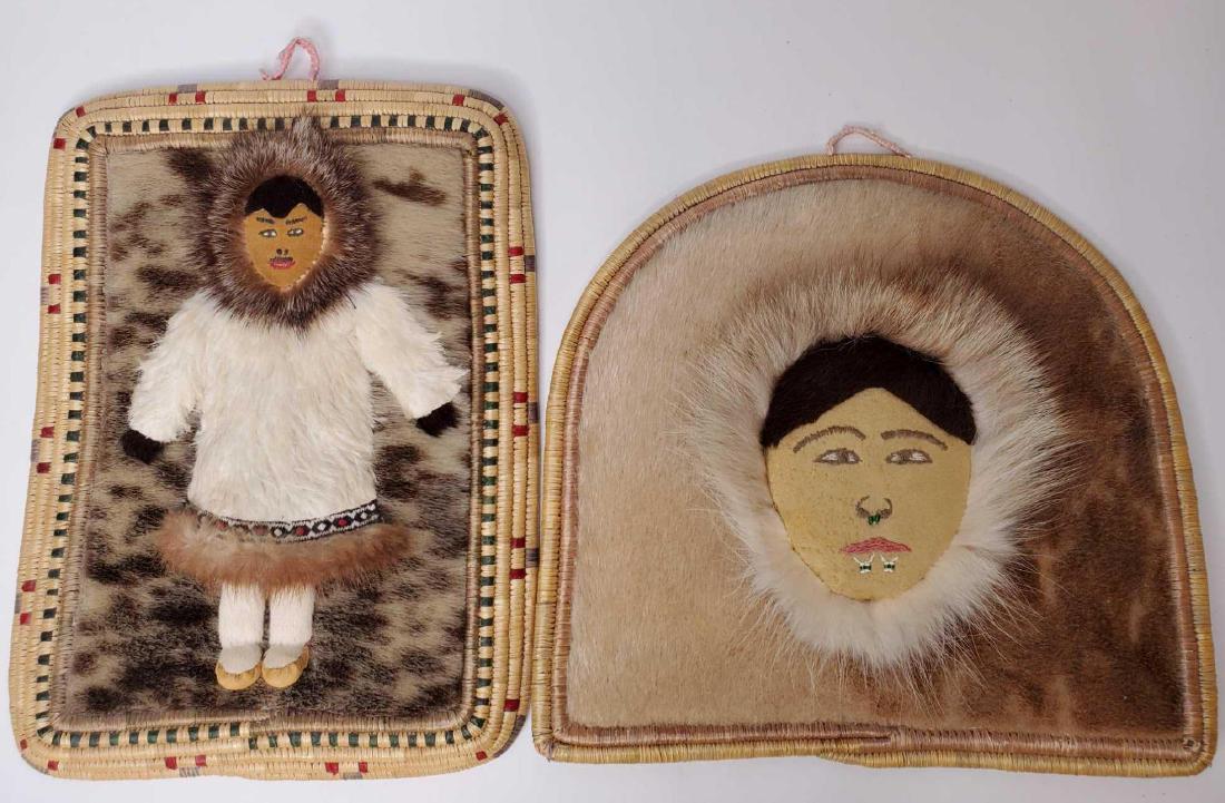 Pair of Eskimo fur, natural & dyed grass wall plaques (1 of 4)