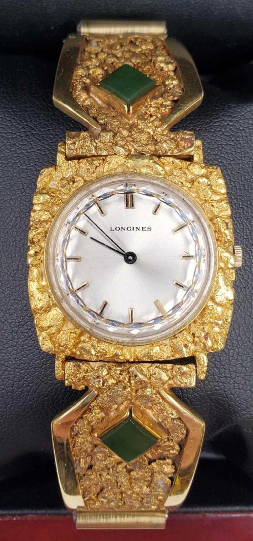 Longines 14K gold, gold nugget, and Alaskan jade watch (1 of 4)
