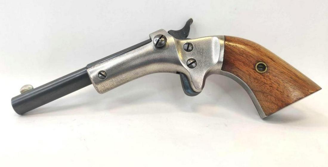 J Stevens break action 22 short: J. Stevens 22 short break action pistol. It has wood grips the frame is finished with electroplated nickel and the barrel is blued. Serial number is 40520. Barrel measures approximately 3.5 inches. Ma