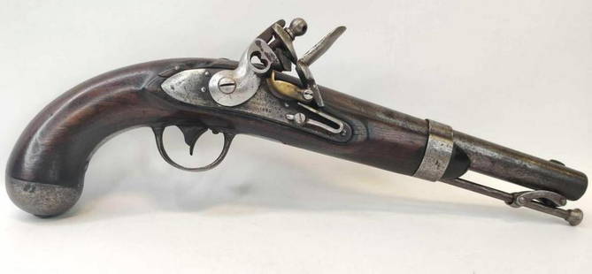 U.S. Model 1836 flintlock pistol, Robert Johnson: lot is a U.S. Model 1836 flintlock pistol was manufactured in 1842 by Robert Johnson of Middletown, Connecticut. The pistol has the distinctive swivel ramrod with button-shaped head, barrel band with