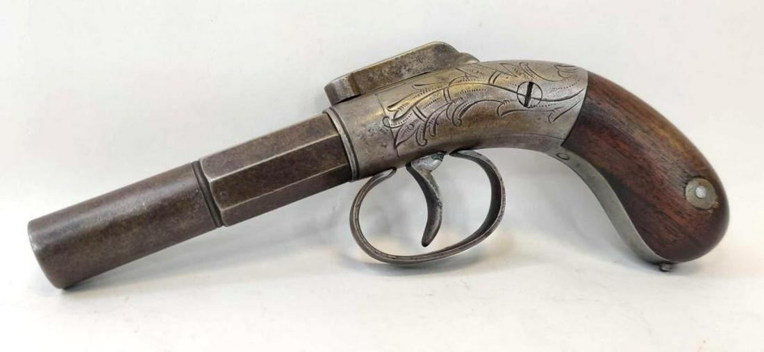 Single shot waist coat percussion pistol: Lot is a single shot percussion fired pistol it has a removable barrel and Walnut grips. The frame is engraved. Serial number is 53 with all matching parts. The total length is 6.75 inches.