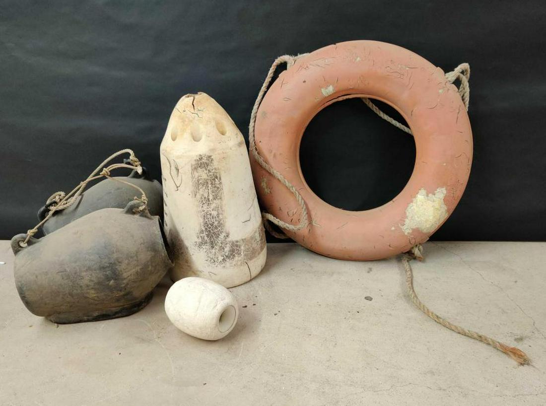 Vintage Life Ring, Assorted Floating Buoys, etc.: 5 different floating items including a vintage life ring. Ring is 21" in diameter