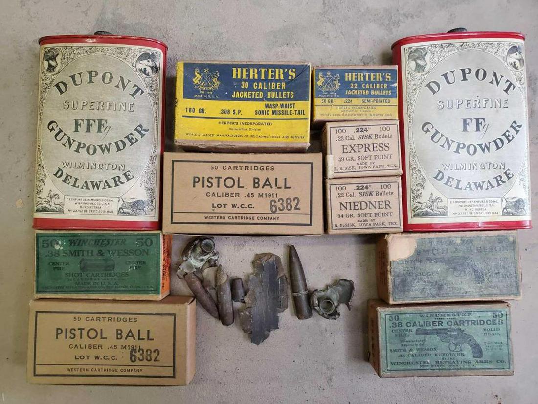 Vintage Ammo, Most Boxes Full: Lot includes two cans of vintage gunpowder, a partial box of 30 caliber bullets, 3 partial boxes of 22 caliber bullets, a full box of 38 S&W shot shell cartridges, one partial and one full box of 38