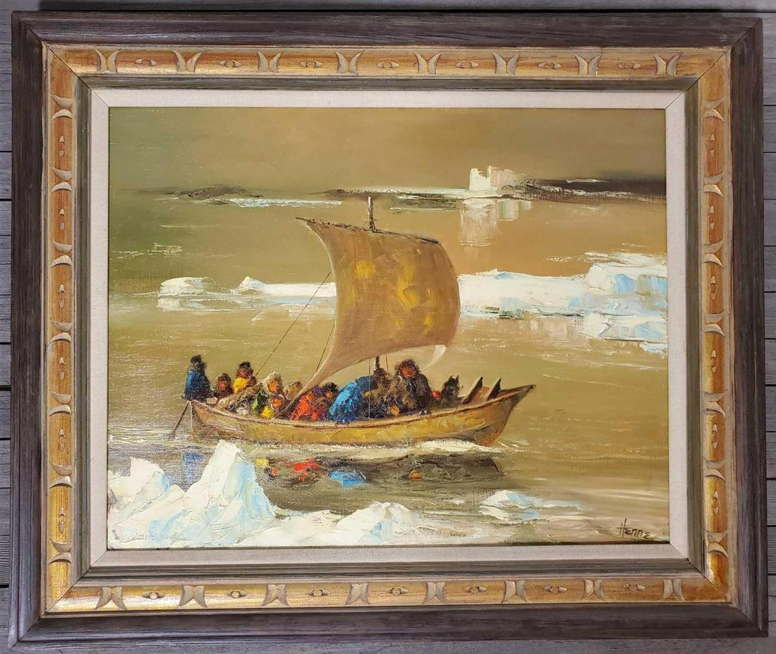 Ellen Henne Goodale (1915-1991) Umiak Voyage Scene: Oil on canvas depicting a group of Inupiat peoples aboard an Umiak at sail through a group of ice floes. Image size 22" x 28", framed dimensions 30" x 36".