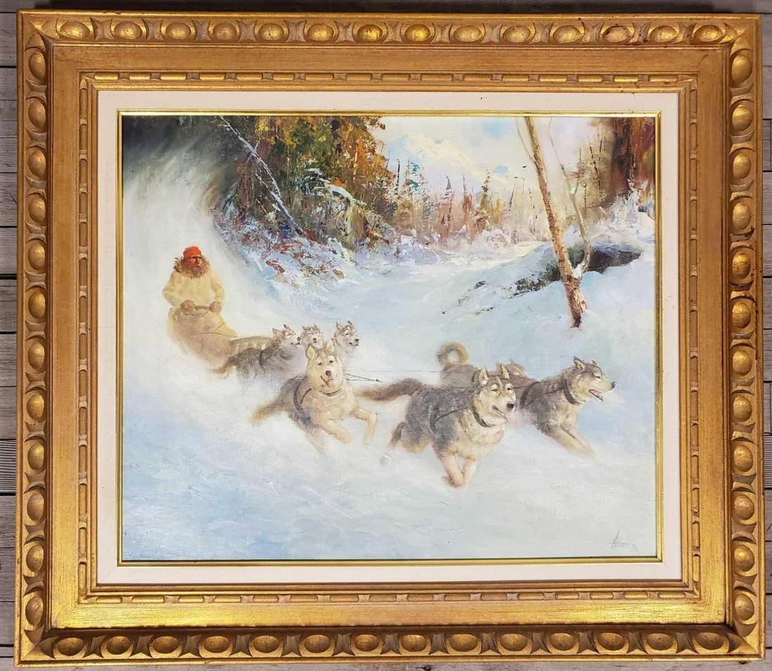 Ellen Henne Goodale (1915-1991) "The Musher": Oil on canvas depicting a dog team and musher traveling down a trail. Image size 20" x 24", framed dimensions 28" x 32". 32" x 28".
