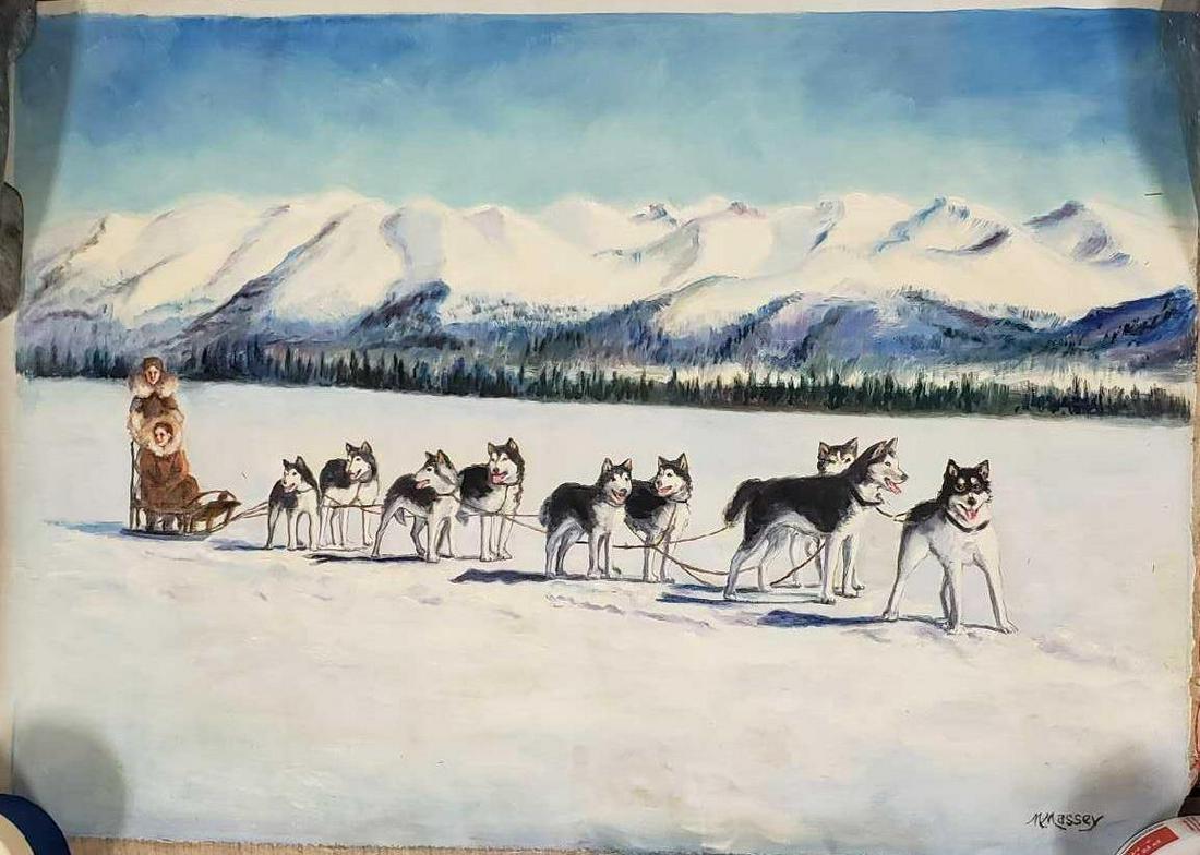 M. Massey (American, 20th c.) Dog Sled Team Painting: A rolled canvas painting depicting a dog sled team. Measures 20" x 30". Some crackling.