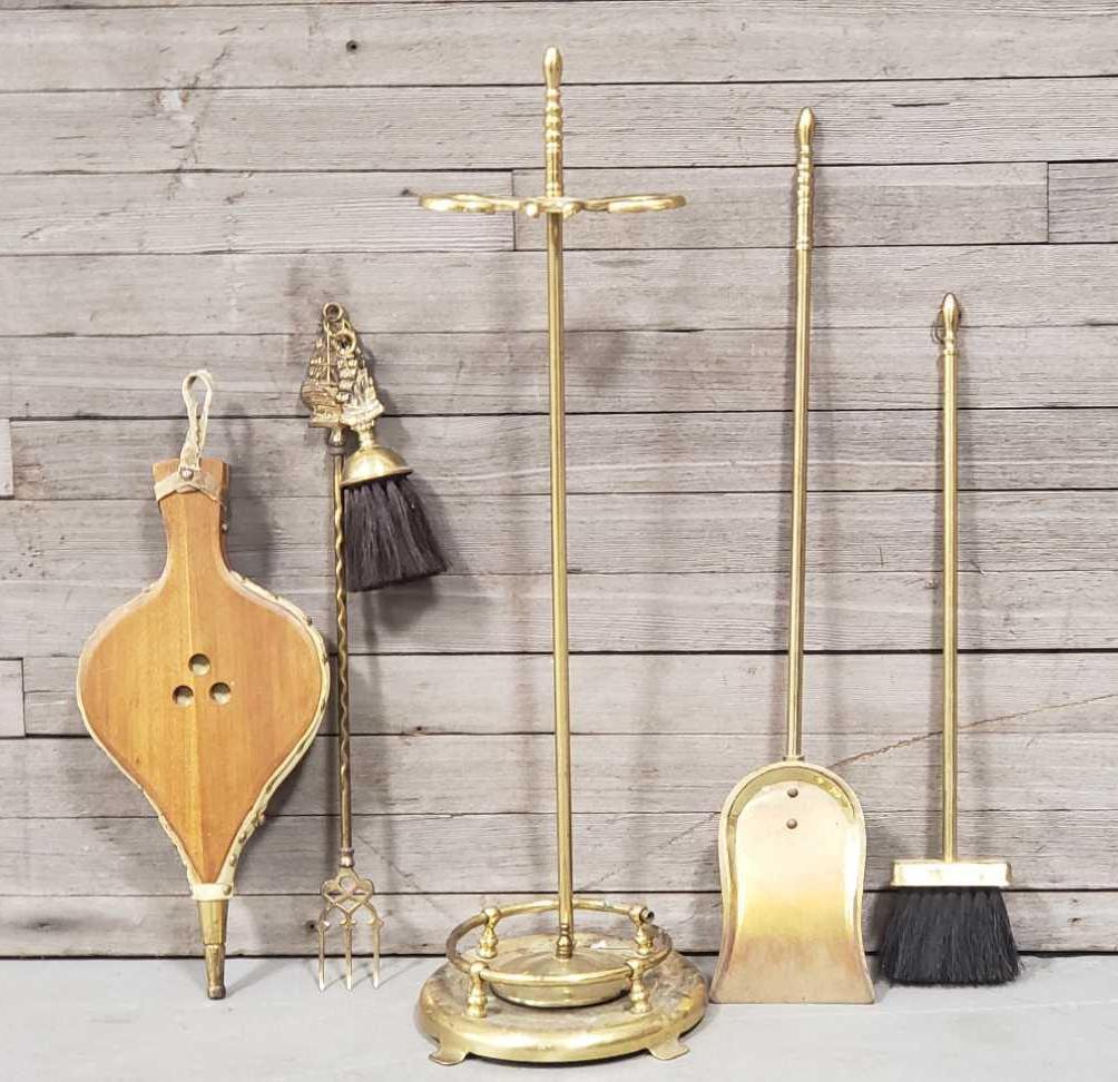 Brass Fireplace Set: To include stand, shovel, 2 brushes, poker and bellows. The stand is 18" tall.