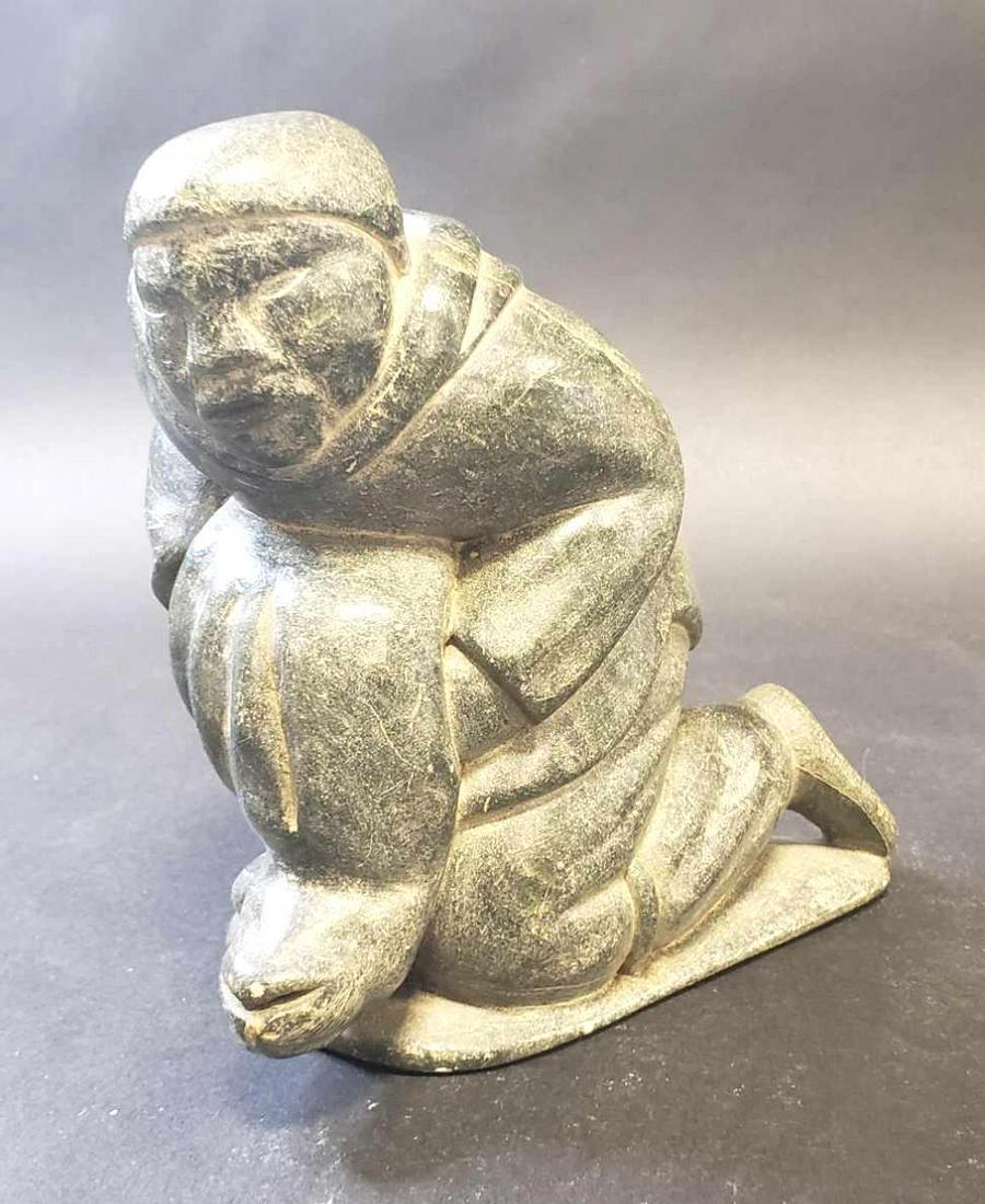 Inuit Soapstone Carving of Native Man with Seal (1 of 3)