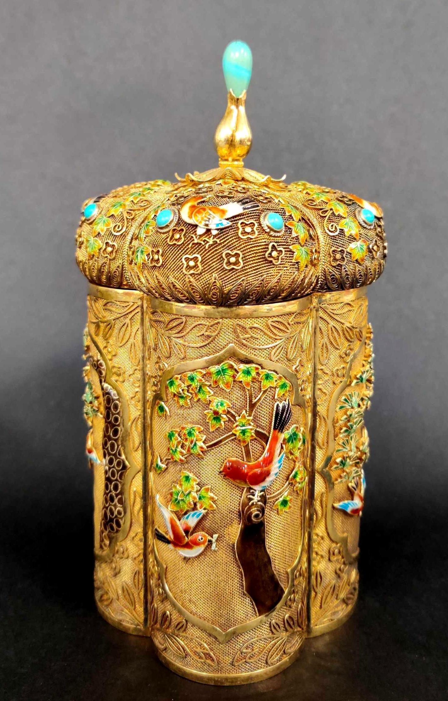 Chinese Gilt Silver and Enamel Tea Caddy Mounted with (1 of 5)