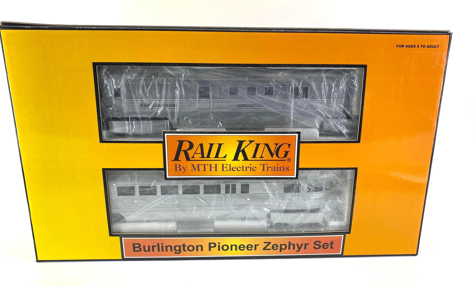 Rail King Burlington Pioneer Zephyr Set : Rail King 30-2186-1. Burlington Pioneer Zephyr Set w/ Proto-Sound, Cab #9900. New in the box. O Gauge.