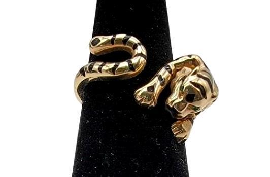 Cartier Style 14k Yellow Gold Panther Wrap-Around Ring: A PanthÃ¨re de Cartier style 14k yellow gold ring featuring a full-bodied panther with tsavorite garnet eyes and black enameled features. Size 8.75, weighs 5.28 grams.