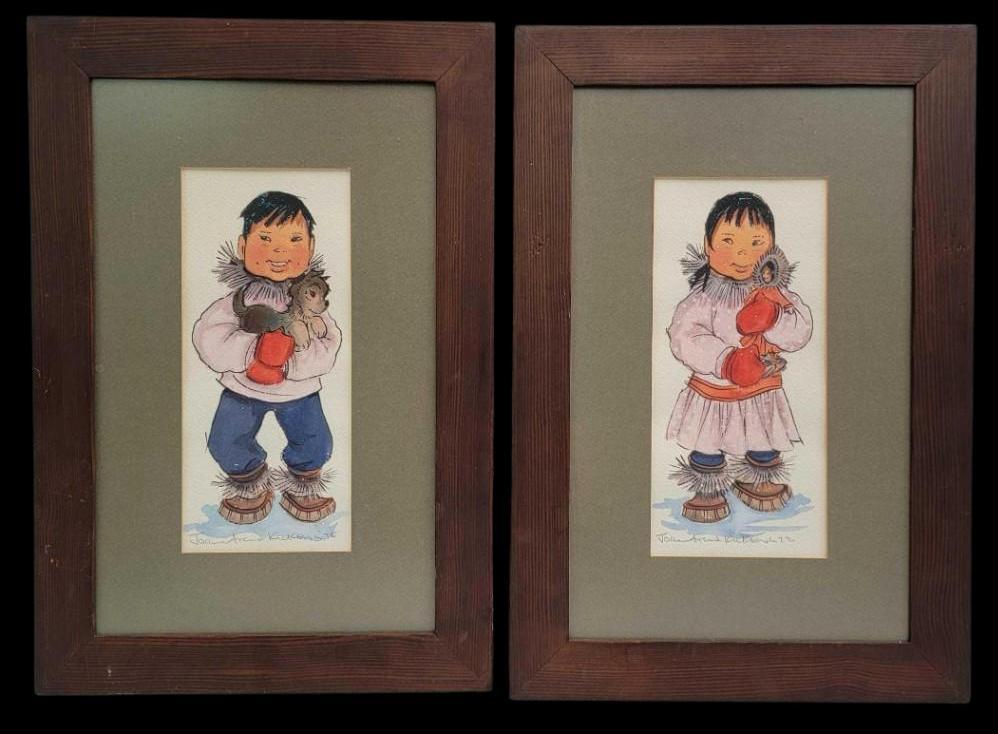 Joan Arend Kickbush Watercolor Paintings: A matched pair of Joan Arend Kickbush (1926-2006) watercolor paintings depicting Alaska Native children. Framed, each measures approximately 19" x 12.75".