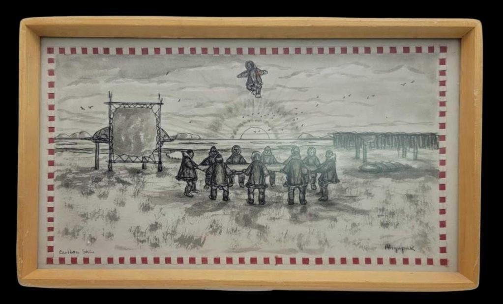 George Aden Ahgupuk Ink Drawing on Caribou Skin: A classic ink on caribou skin drawing by George Aden Ahgupuk (1911-2001) depicting an Eskimo blanket toss scene; a salmon drying rack, stretched hide, and umiak surrounds the festive event. The image 