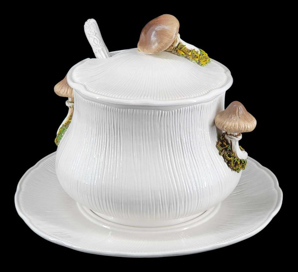 Ceramic Soup Tureen with Sculpted Mushroom Handles: A vintage Italian Tromp Lâ€™oeil mushroom tureen/covered bowl with platter and ladle. The tureen measures approximately 8" in diameter.