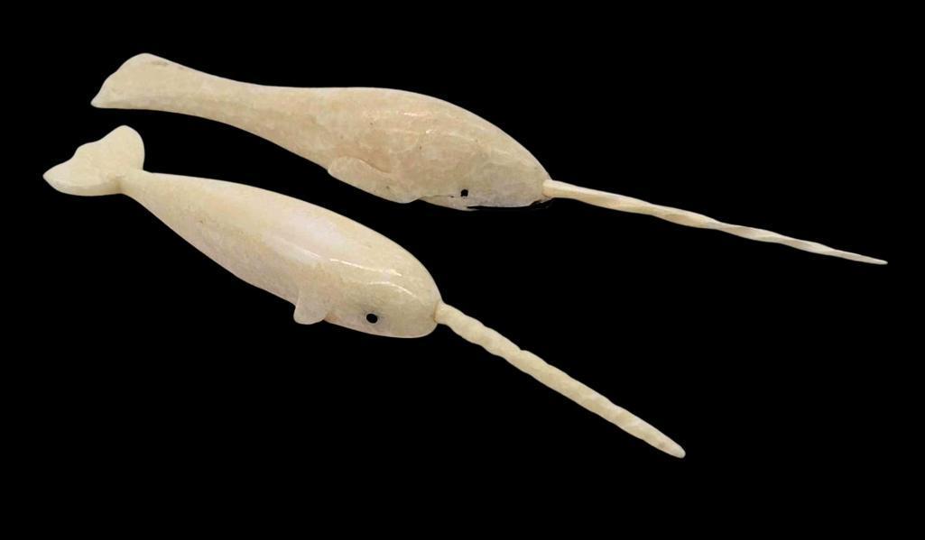 2x Walrus Tusk Narwhal Carvings