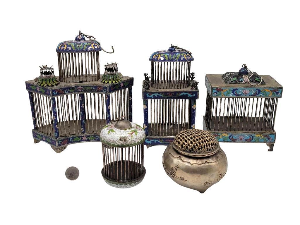 4x Antique Chinese Cloisonne Cricket Cages & Incense Burner: Includes four antique Chinese cloisonne cricket cages and an incense burner. The largest case measures approximately 8.5" x 3.75" x 9.5" tall. Provenance: This property from the Estate of 