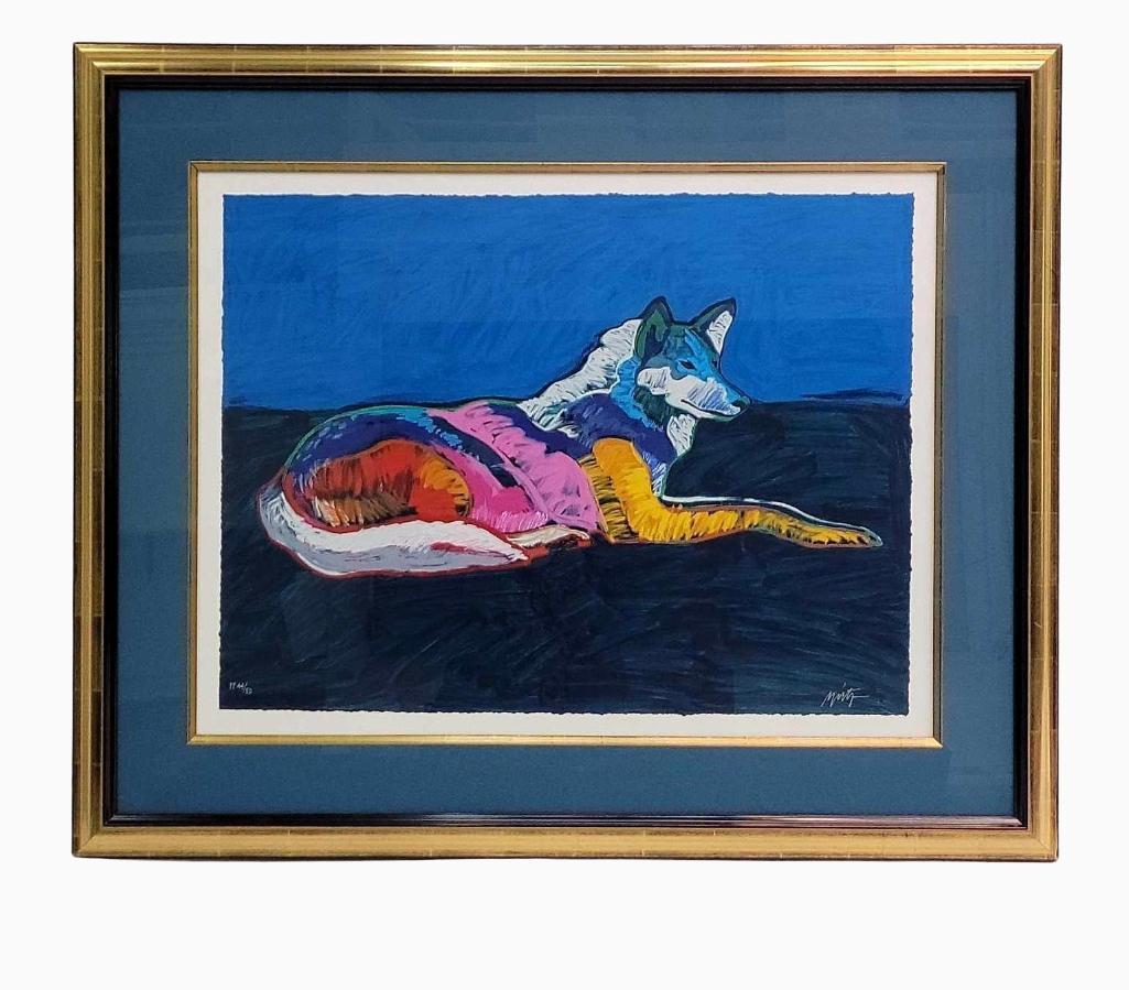 John Nieto "Wolf" P/P Serigraph: A signed and numbered 45/50 printer's proof serigraph by John Nieto (1936-2018). Matted and framed, measures approximately 35.5" x 43" overall.