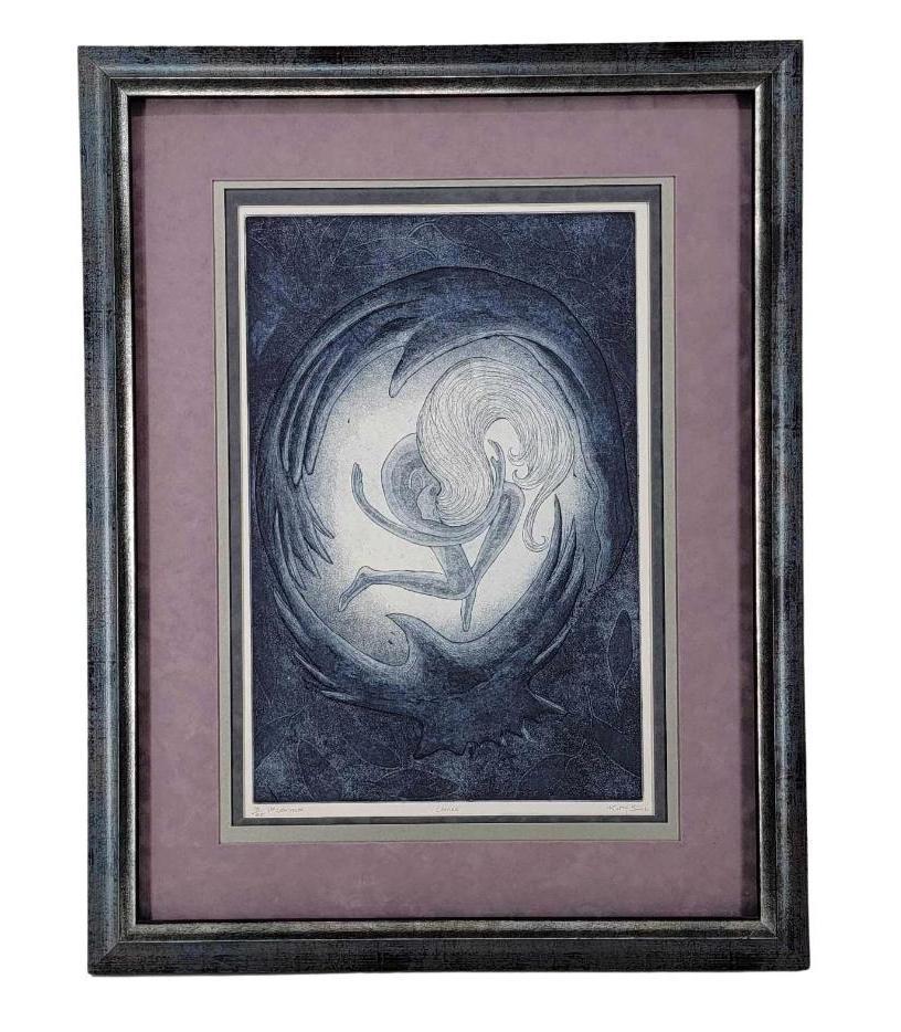 Kathy Sarns "Cherish" Print: A signed and numbered 16/25 intaglio print, framed. Measures approximately 27.5" x 21.5" overall.