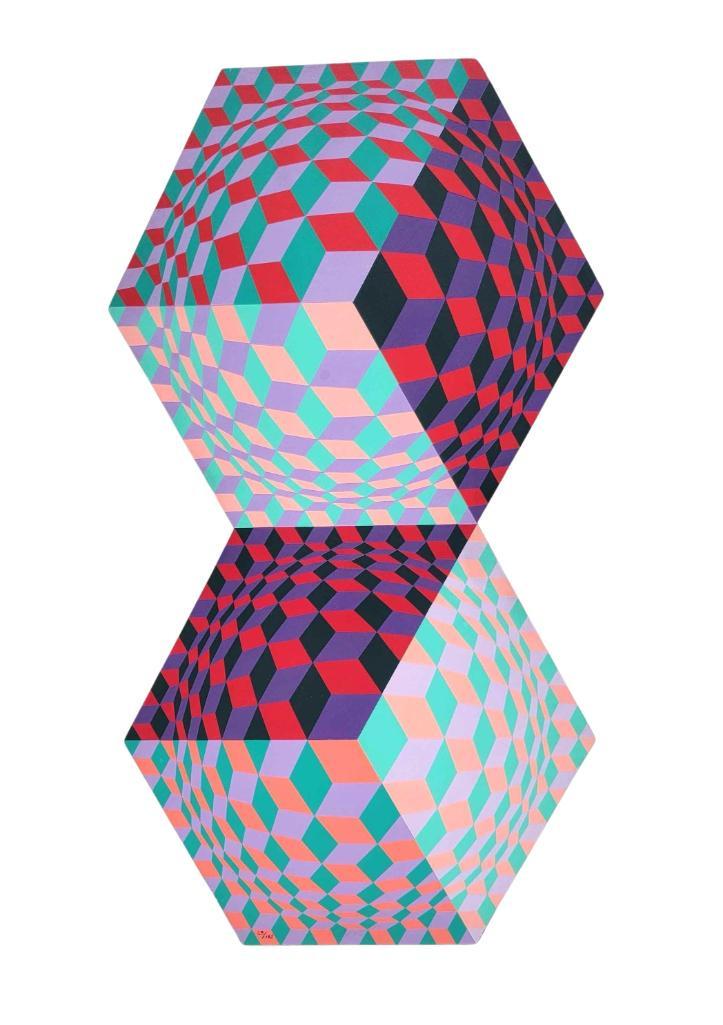 Victor Vasarely "Kettes" Optical Art Sculpture: A double side optical artwork by Victor Varsaley (Hungarian-French, 1906-1997). The fine work, painted on wood, is signed and numbered 28/175. Measures approximately 15" x 2.25" x 27.25" tall.