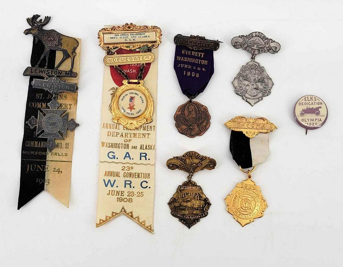Early 20th Century Masonic, GAR, & Elks Medals: A grouping of extremely scarce early 20th century medals to include a Lewiston Maine Knights Templar medal with ribbon circa 1903, a Delegate medal and ribbon for the 1908 Department of Washington and