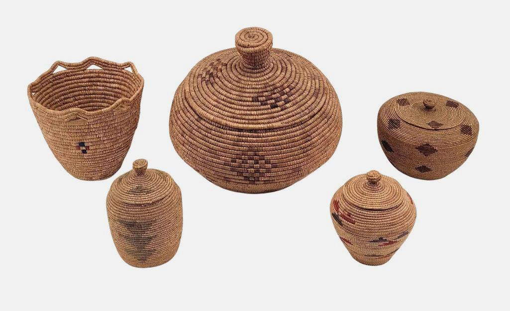 Collection of Eskimo Basketry: A fine assortment of five fine Eskimo grass baskets with various styles and sizes, second to third quarter of the 20th century. The largest measures approximately 10" in diameter and 10" tall.