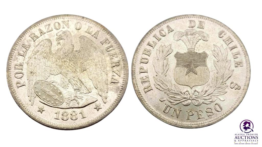 1881-So Chile One Peso: Year(s): 1881 Origin: Chile Denomination: One Peso Fineness: .835 Metal Content: ASW 0.7234 ozt. Notes: Gem example.