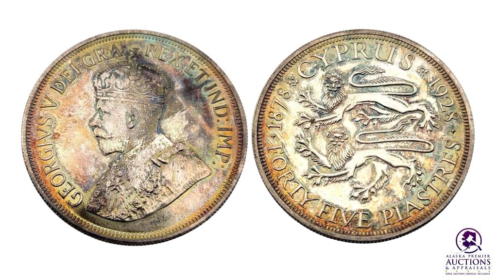 1928 Cyprus George V 45 Piastres: Year(s): 1928 Origin: Cyprus (British Colonial) Denomination(s): 45 Piastres (5 Shillings) Fineness: .925 Metal Content: ASW 0.8409 ozt. Notes: Gem example with exceptional toning.