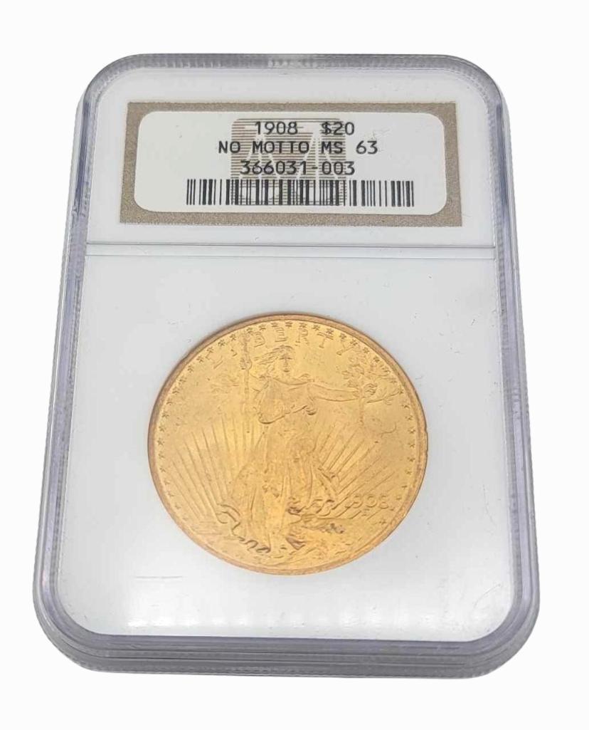 1908 MS63 No Motto St. Gaudens $20 Gold: Year(s) & Grade(s): 1908 MS63 (NGC) Origin: United States Denomination(s): $20 Fineness: .900 Metal Content: AGW 0.9675 ozt.