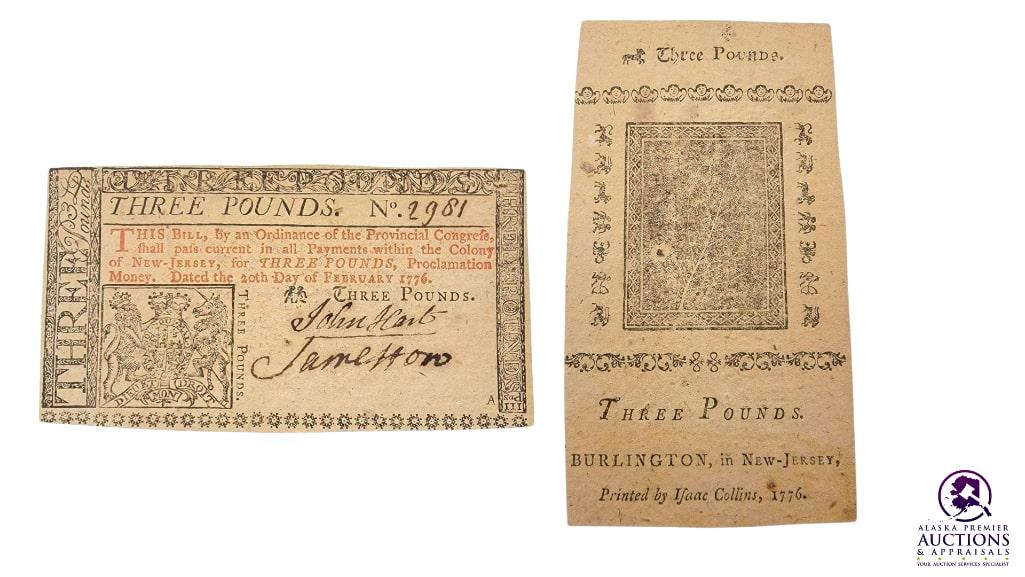 Colony of New Jersey Three Pound Note; February 20th, 1 (1 of 4)