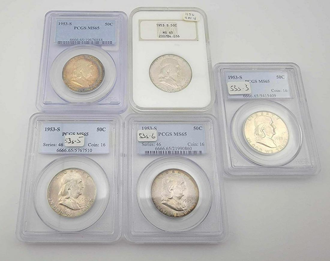 5x 1953-S MS65 Franklin Half Dollars (1 of 12)