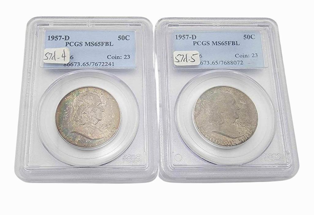 2x 1957-D MS65FBL Franklin Half Dollars: Year(s) & Grade(s): 1957-D MS65 Full Bell Lines (2x); both PCGS Origin: United States Denomination(s): Half Dollars Fineness: .900 Metal Content: ASW 0.3617 ozt. each Notes: Both with exceptional
