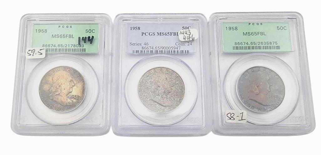 3x 1958 MS65FBL Franklin Half Dollars (1 of 10)