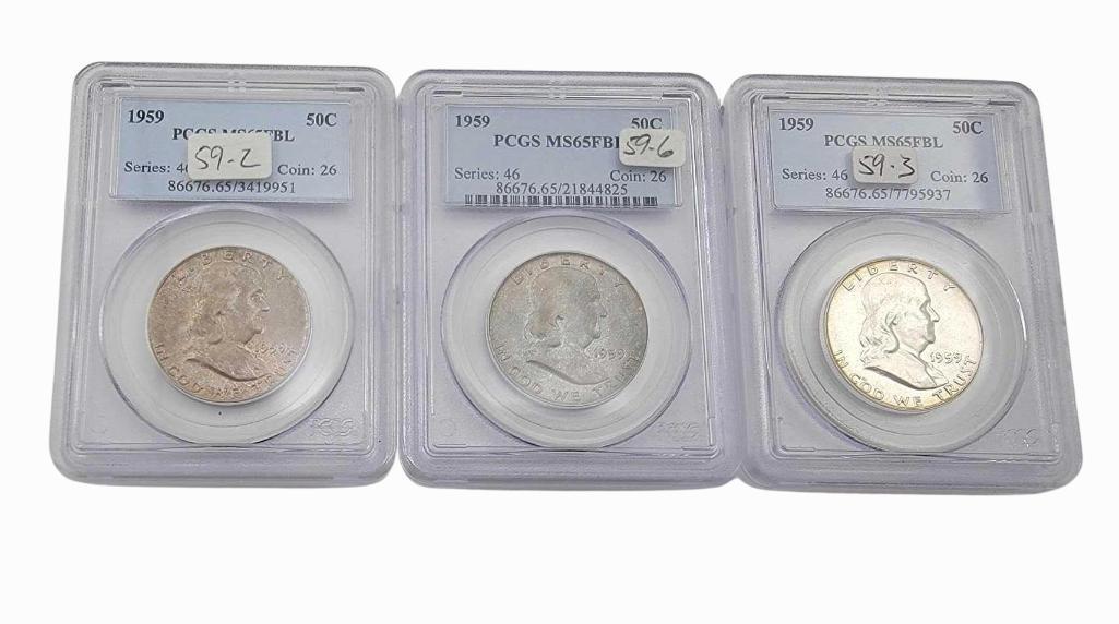 3x 1959 MS65FBL Franklin Half Dollars (1 of 8)