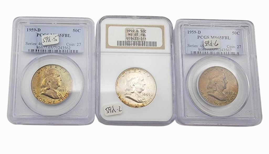 3x 1959-D MS65FBL Franklin Half Dollars (1 of 9)