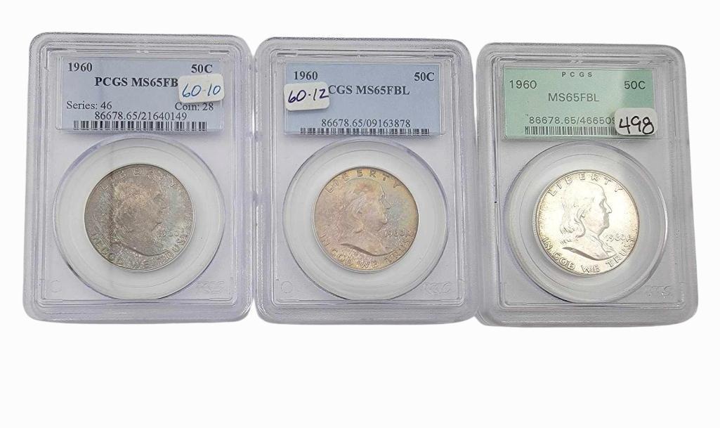 3x 1960 MS65 FBL Franklin Half Dollars (1 of 8)