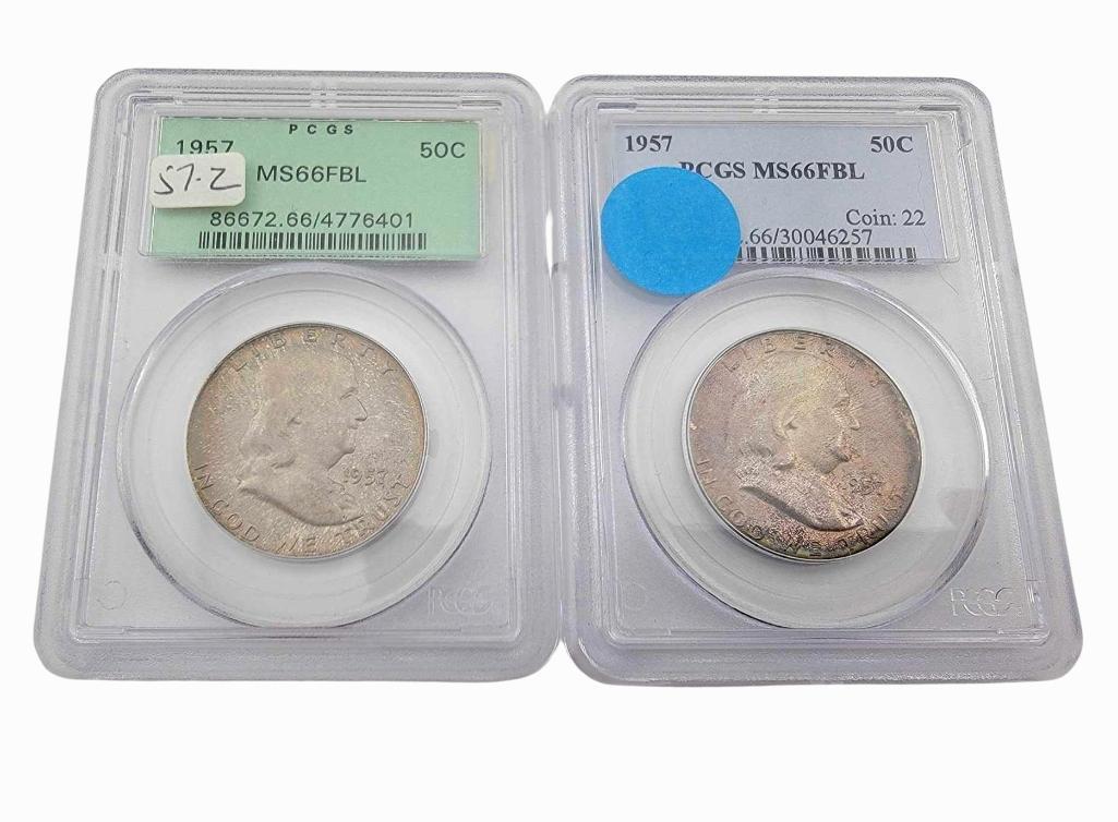2x 1957 MS66FBL Franklin Half Dollars: Year(s) & Grade(s): 1957 MS66 Full Bell Lines (2x); both PCGS Origin: United States Denomination(s): Half Dollars Fineness: .900 Metal Content: ASW 0.3617 ozt. each Notes: One in desirable old gre