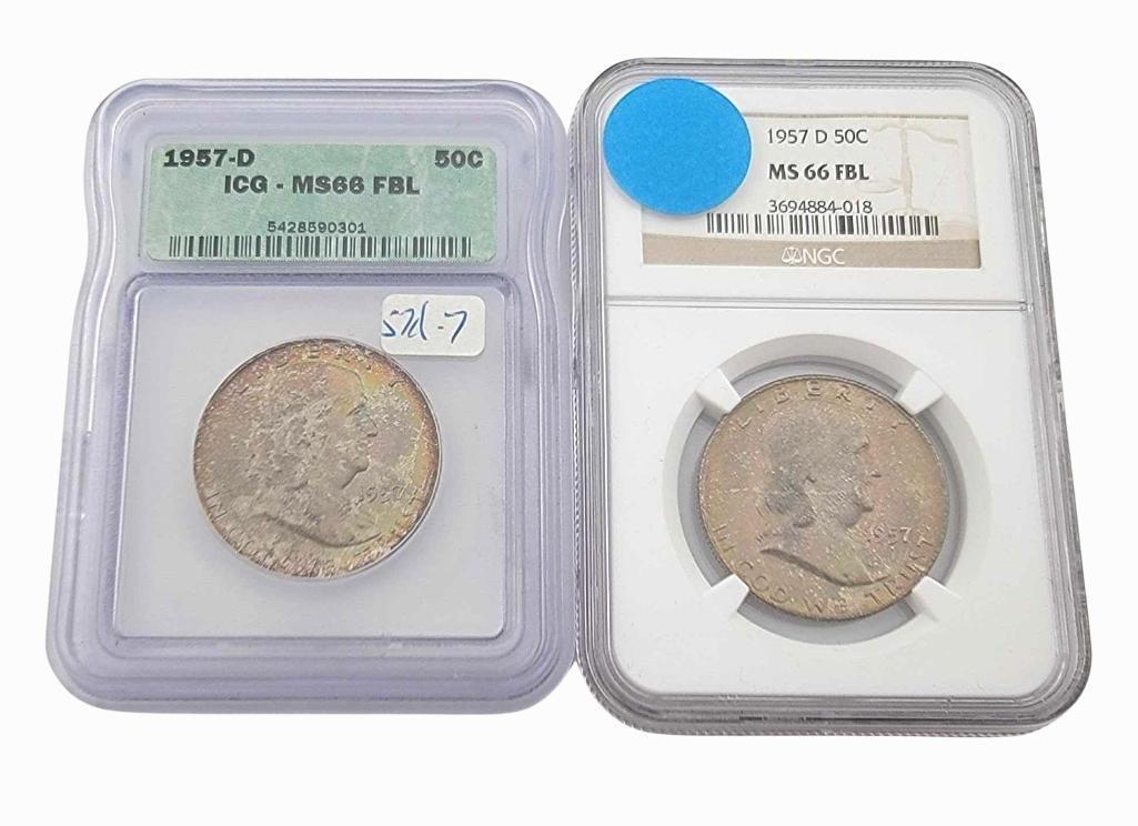 2x 1957-D MS66FBL Franklin Half Dollars (1 of 6)