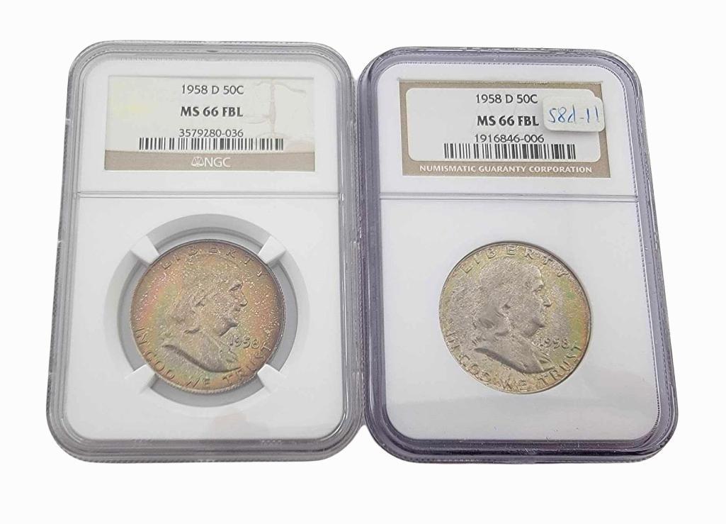 2x 1958-D MS66FBL Franklin Half Dollars (1 of 6)